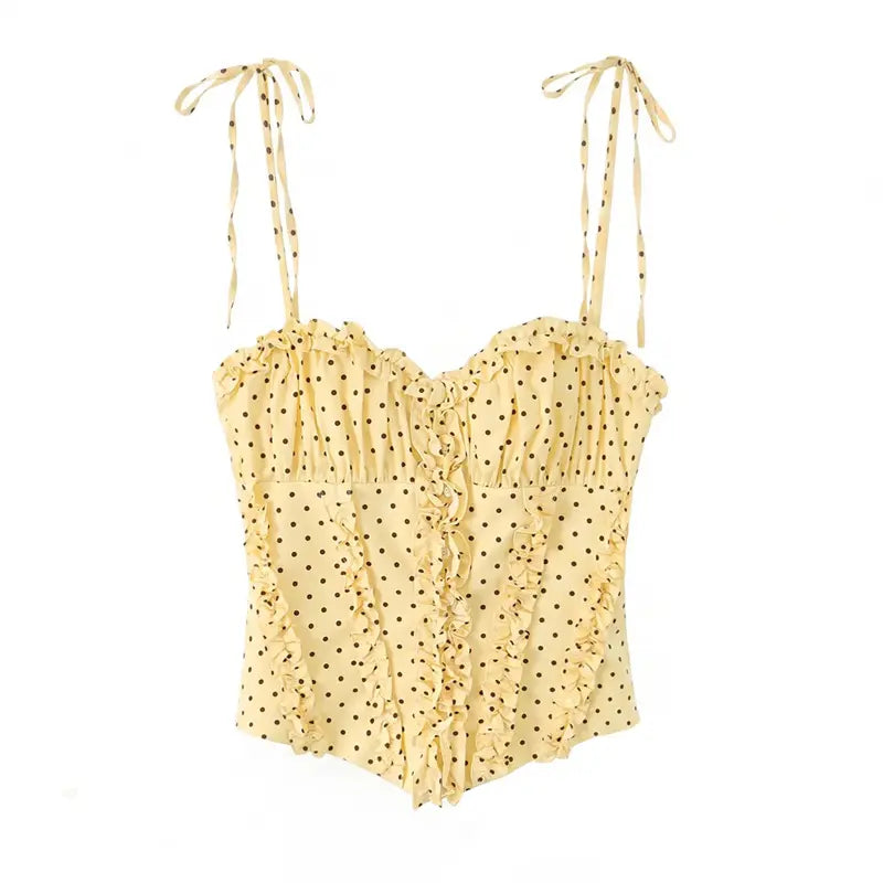 Full front flat photo pale yellow dotted camisole, sweetheart ruffle neck, vertical front ruffle placket, fitted waist tank
