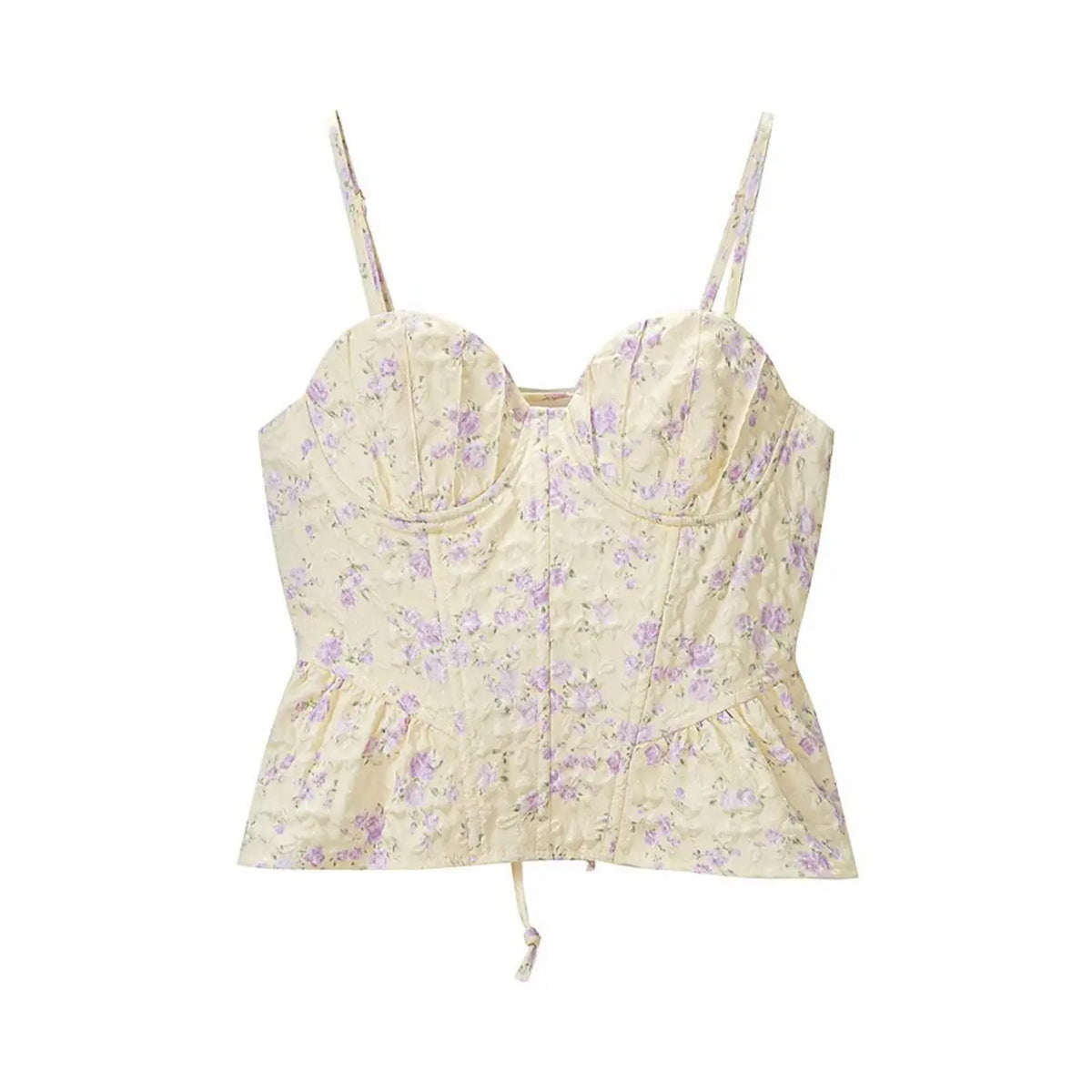 Pale yellow base purple floral corset cami top, front view, sweetheart bust cup, adjustable spaghetti straps, peplum hem, vintage floral jacquard fabric