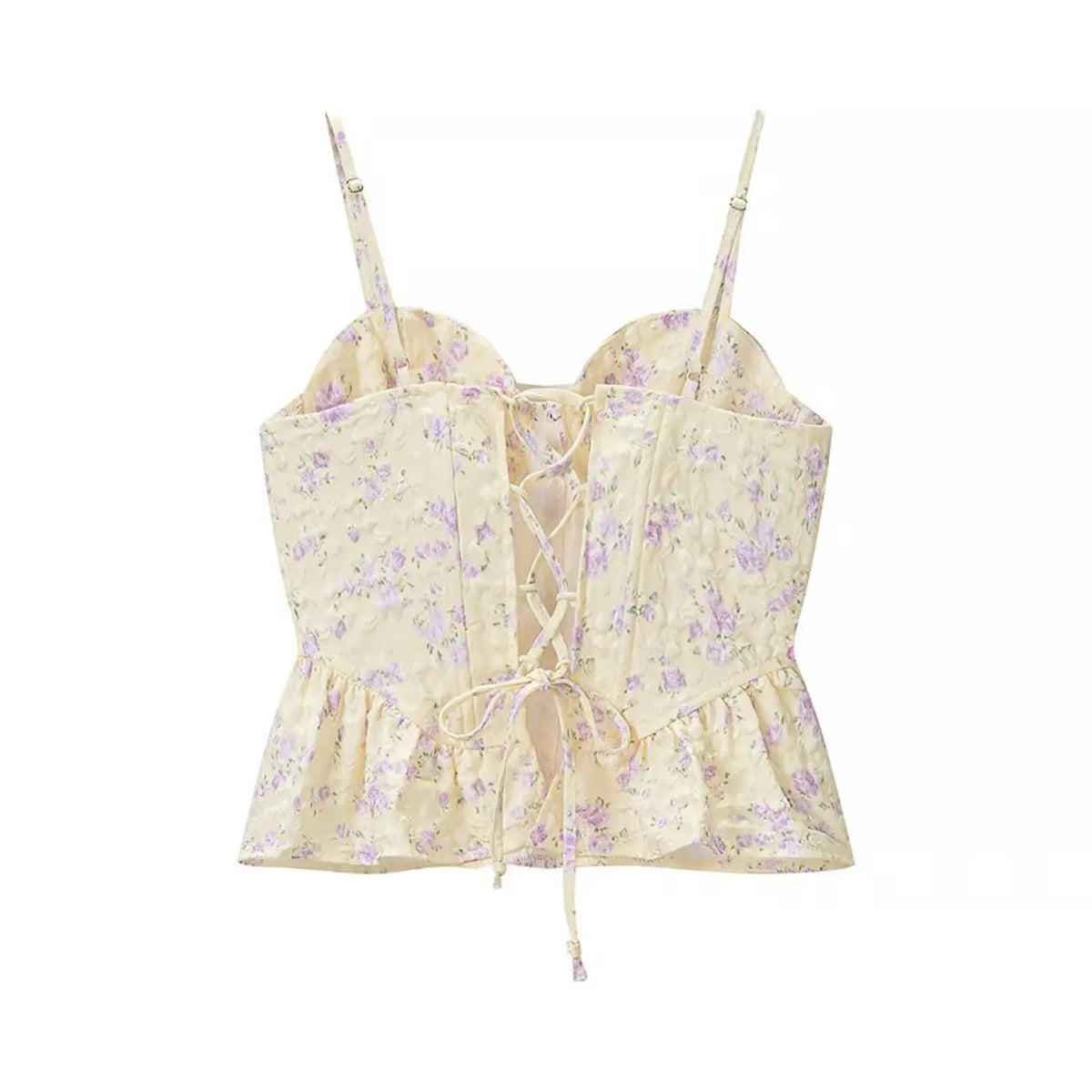 Pale yellow purple floral corset cami top back view, lace-up tie closure at back, adjustable thin straps, peplum ruffle hem