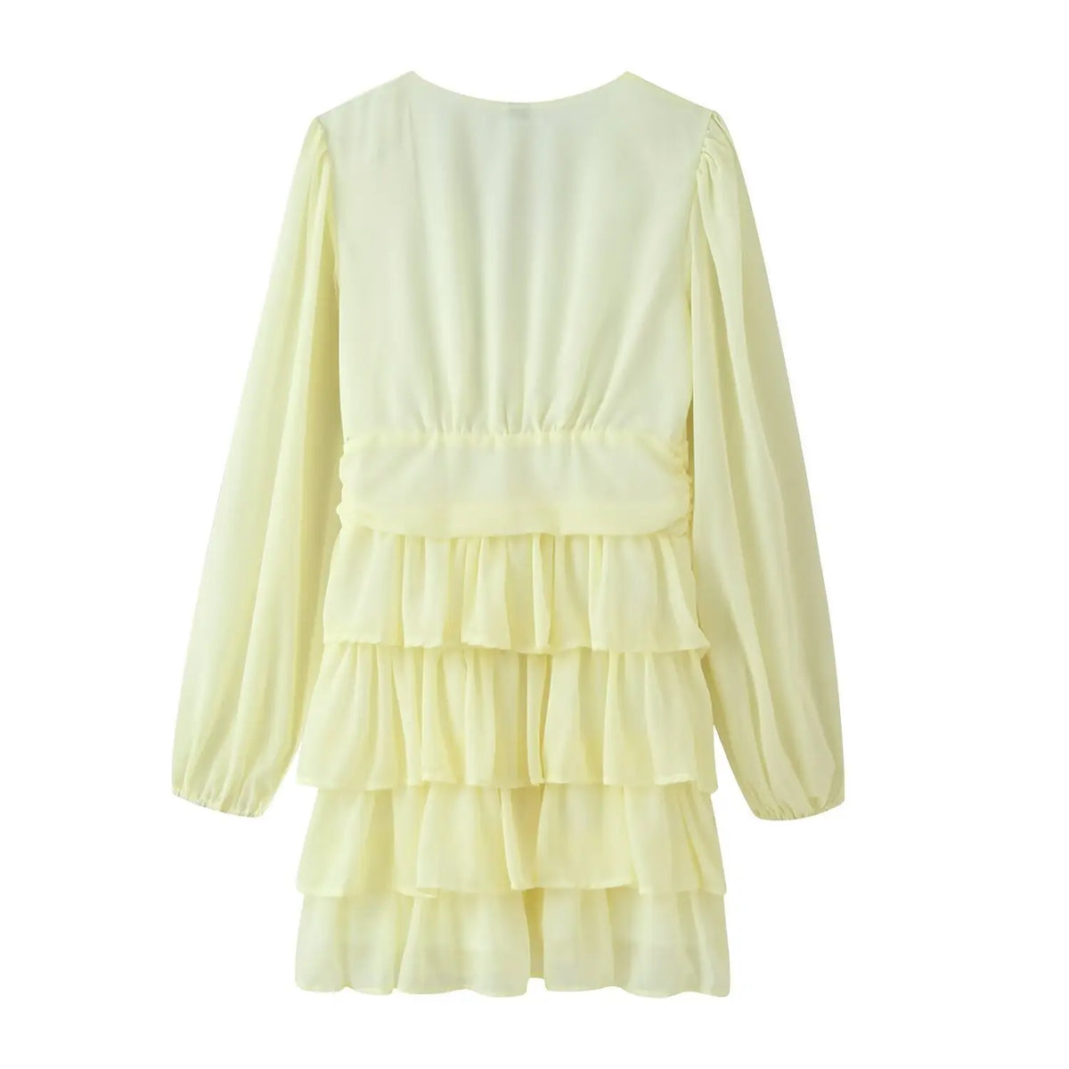Pale yellow chiffon mini dress back view, long puff sleeves, fitted waist, multi-layer tiered ruffle hem