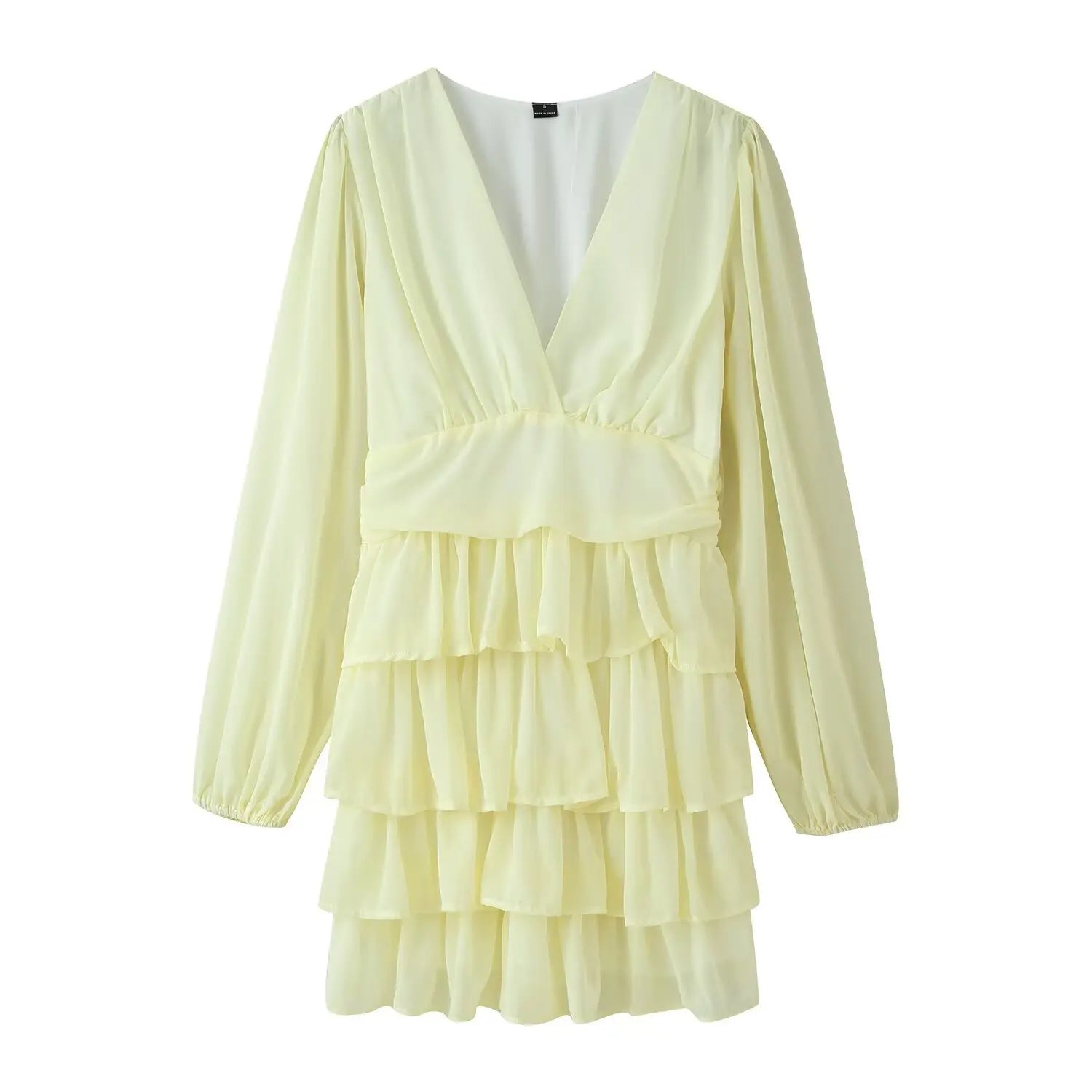 Pale yellow chiffon mini dress front view, deep v neck, long balloon sleeves, tiered ruffle skirt, waist wrap design
