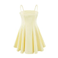 Front view of the same pale yellow dress, featuring a straight square neckline, princess seams, and a fitted bodice that flares into a mini skirt.
