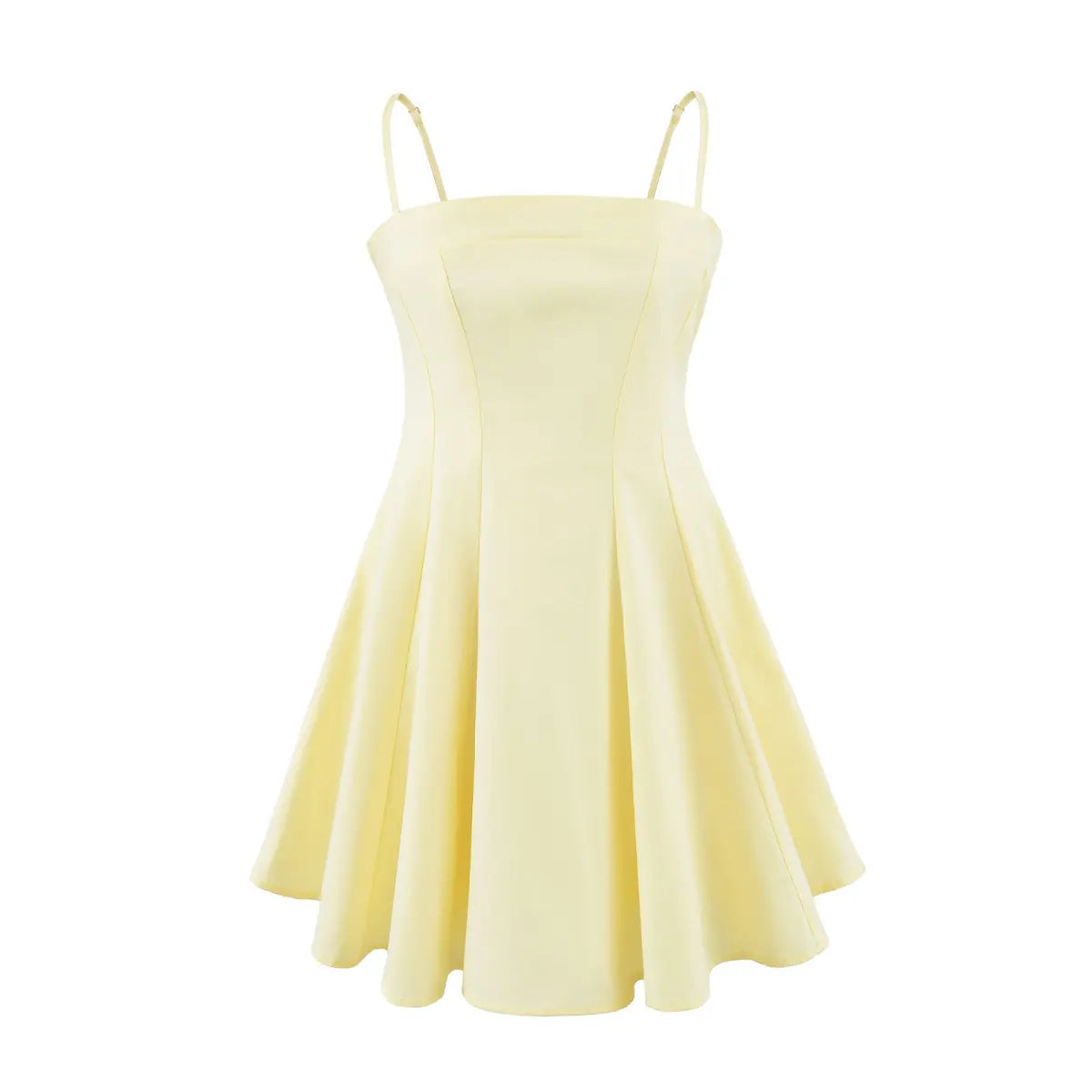 Front view of the same pale yellow dress, featuring a straight square neckline, princess seams, and a fitted bodice that flares into a mini skirt.
