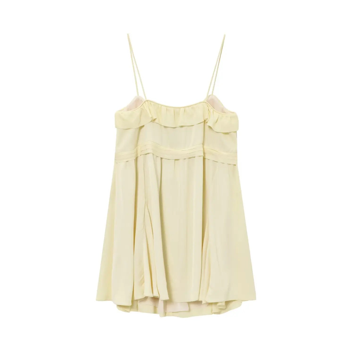 Full back view isolated on white, pale yellow flowy spaghetti strap mini dress with ruffle neck trim