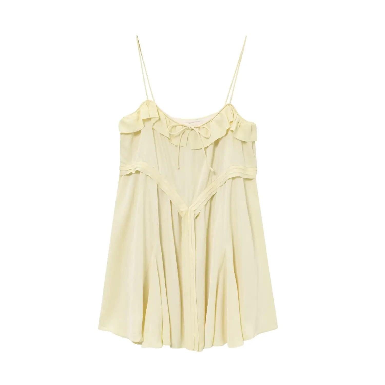 Full front view isolated on white, pale yellow chiffon cami mini dress with neck bow and flared skirt