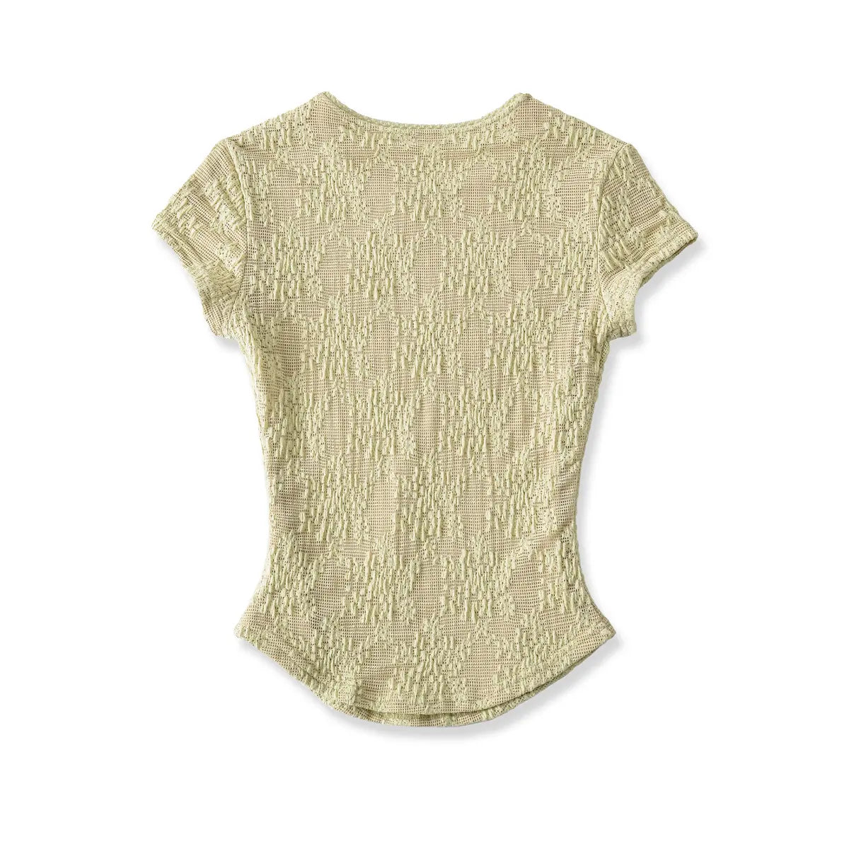 Full back shot of the pale yellow lace top, displaying the fitted cut and textured pattern.