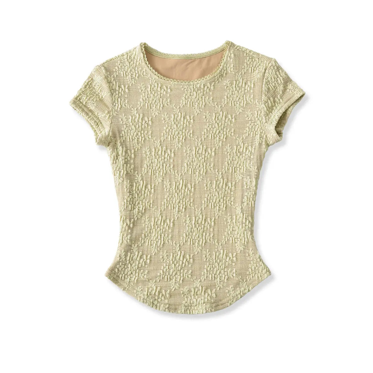 Studio shot of the pale yellow lace top, emphasizing the form-fitting cut and curved hem.