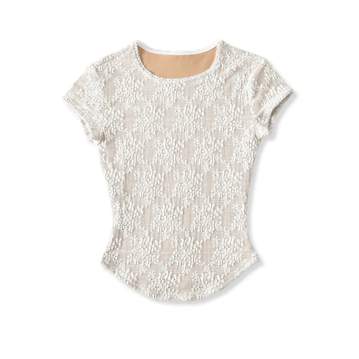 Front view of the white textured lace top, highlighting the all-over floral pattern and nude lining.
