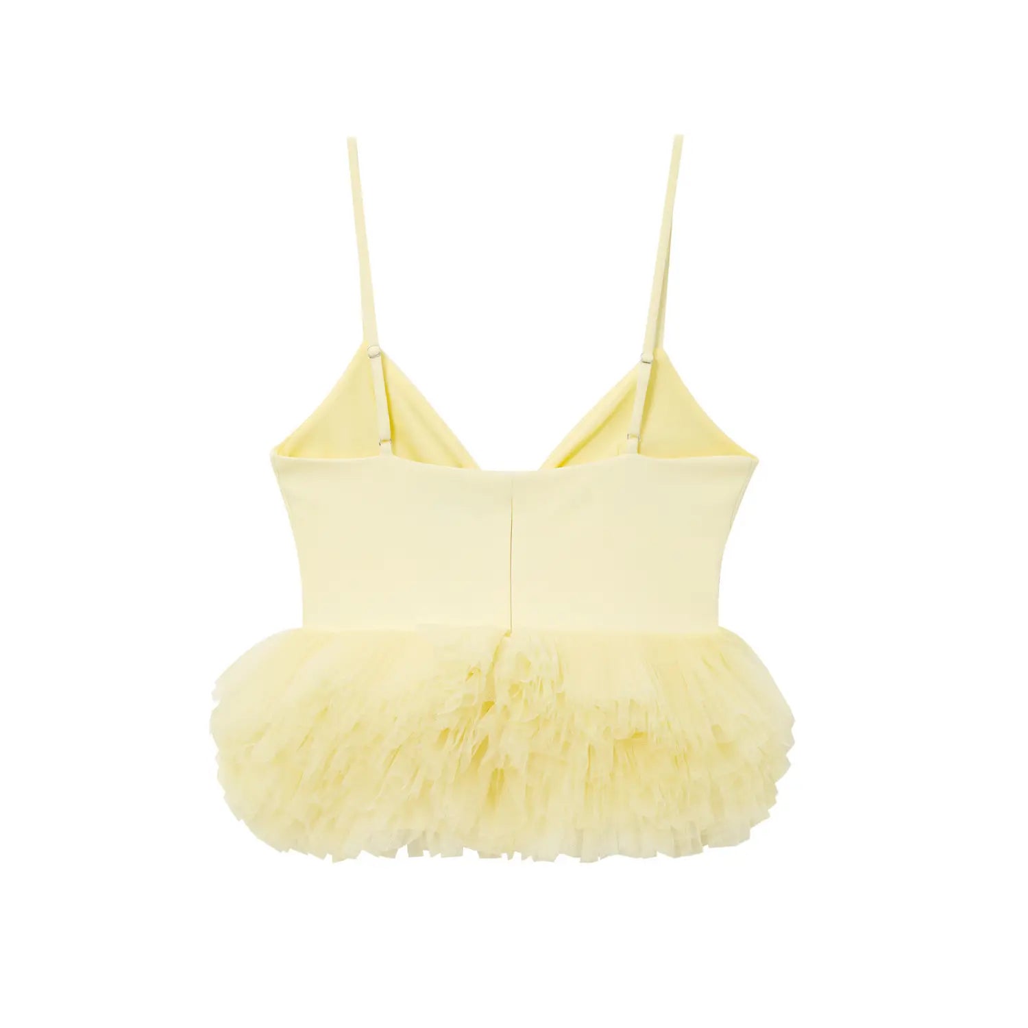 Back view isolated white background, pale yellow deep V camisole with adjustable straps and fluffy tulle peplum