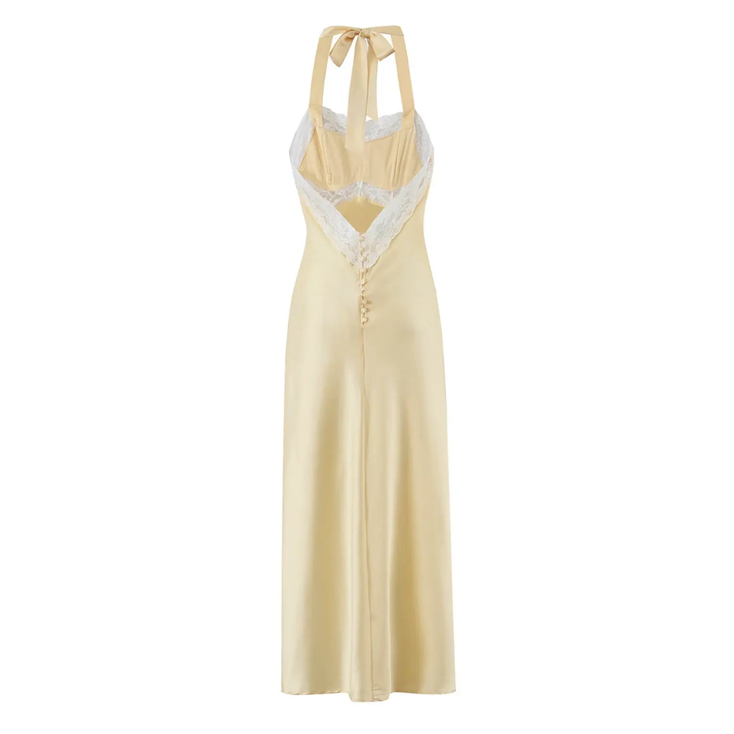 Full back view of pale yellow halter satin maxi dress with lace detail