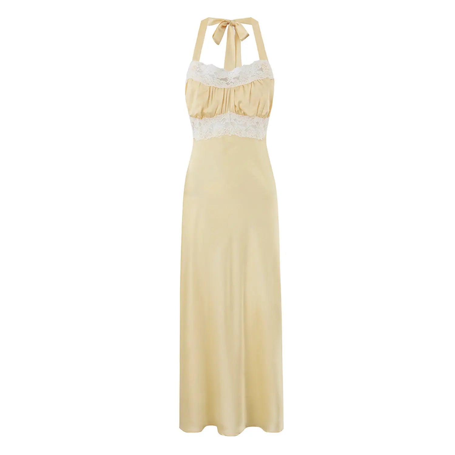 Front view of pale yellow halter neck satin maxi dress with white lace trim