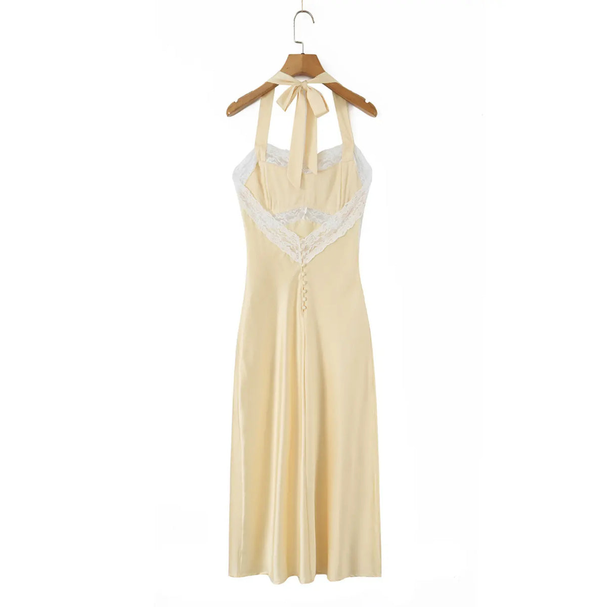 Full back view of pale yellow halter lace maxi dress hanging on wooden hanger