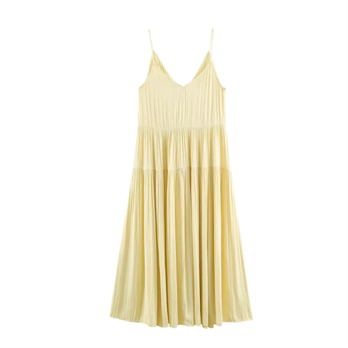 Full flat back view of pale yellow spaghetti strap tiered maxi dress