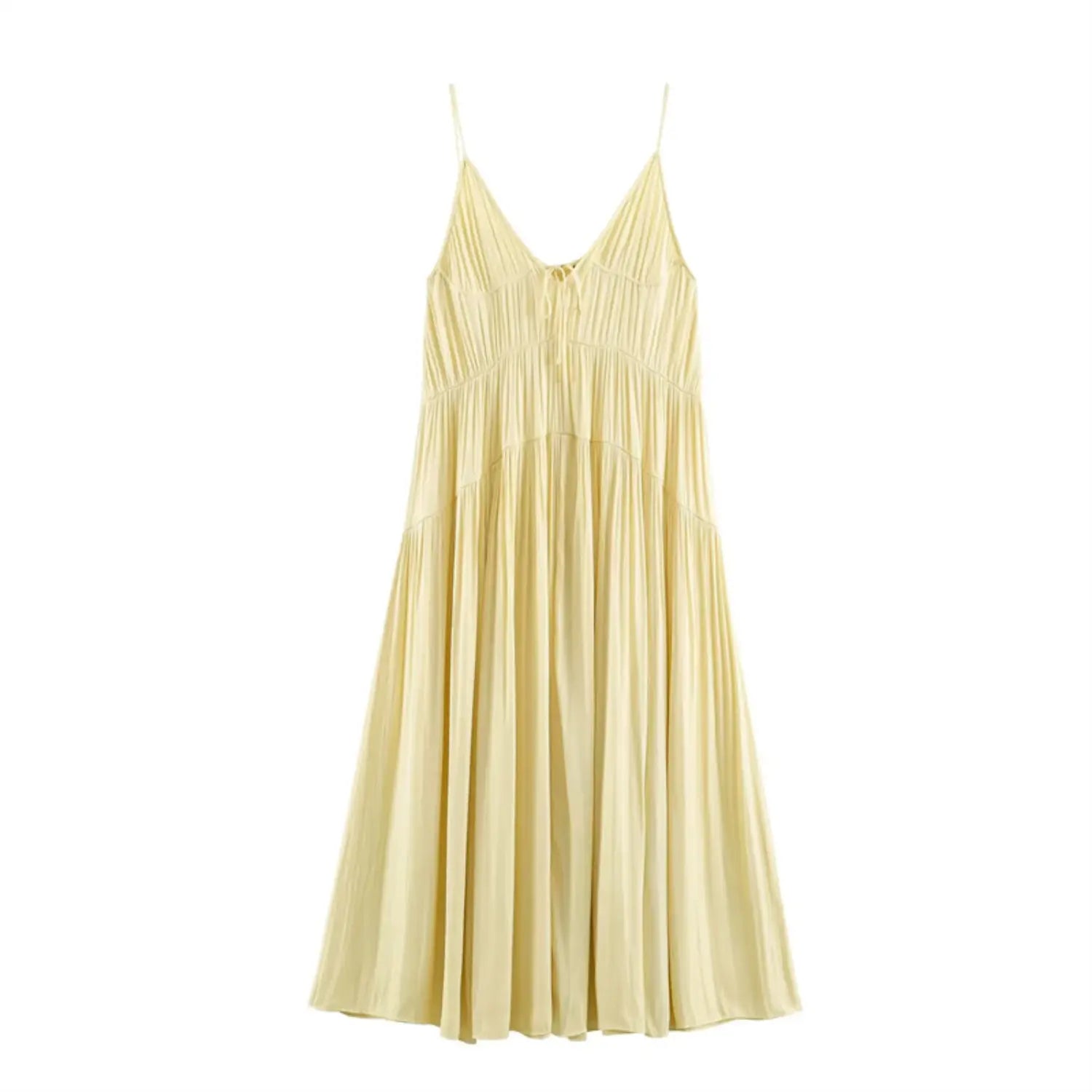 Flat lay front view of pale yellow spaghetti strap smocked tiered maxi dress