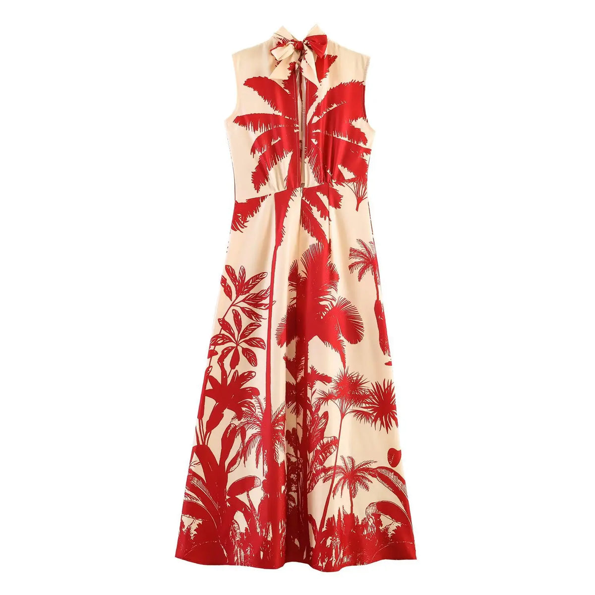 Palm print twist neck bow midi dress, back flat lay