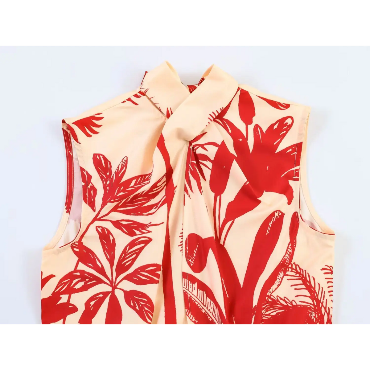 Close-up of twisted crossover high collar