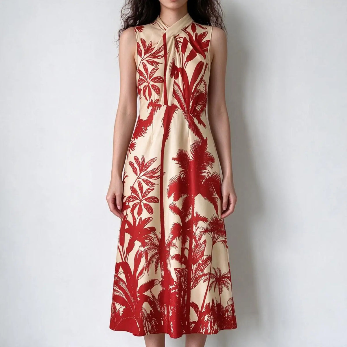 Model wearing palm print twist neck bow midi dress, front view
