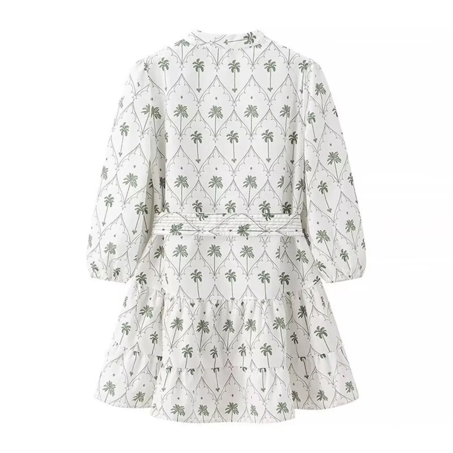 Back flat lay shot white palm tree print mini dress, full back view, waist tie and tiered skirt