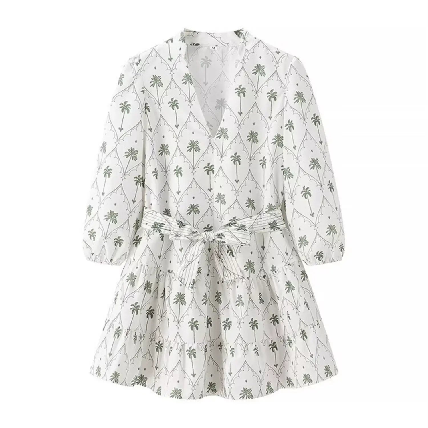 Front flat lay view white palm tree print mini dress, v-neck, 3/4 puff sleeves, self fabric tie waist, tiered ruffle hem