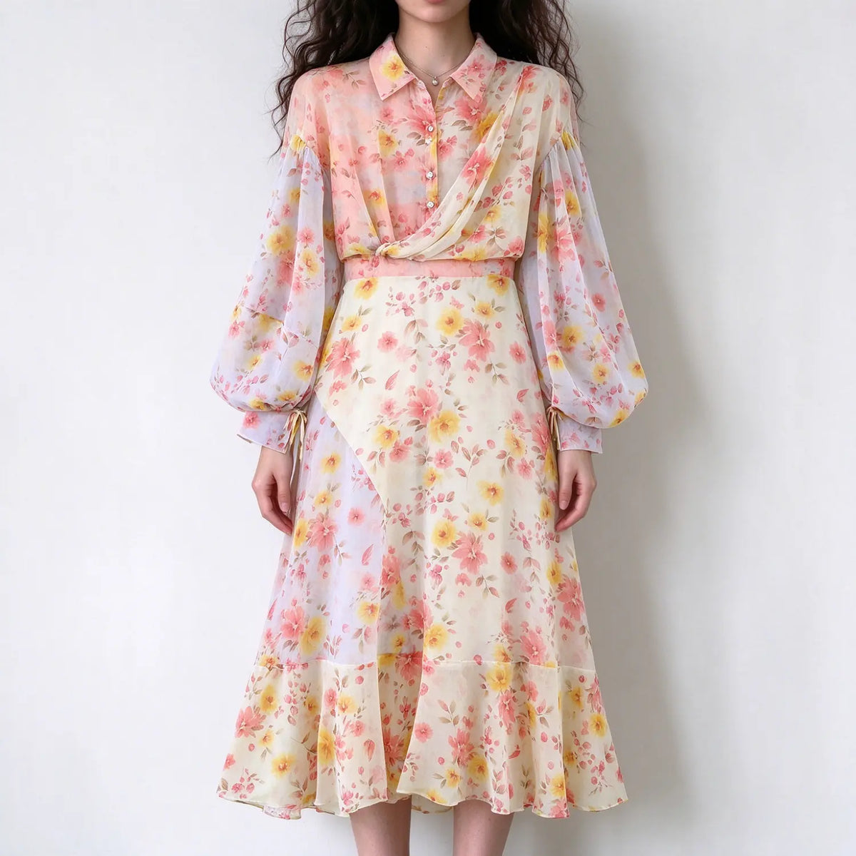 Model wearing pastel pink yellow floral long sleeve shirt collar maxi dress with ruffle hem, white background