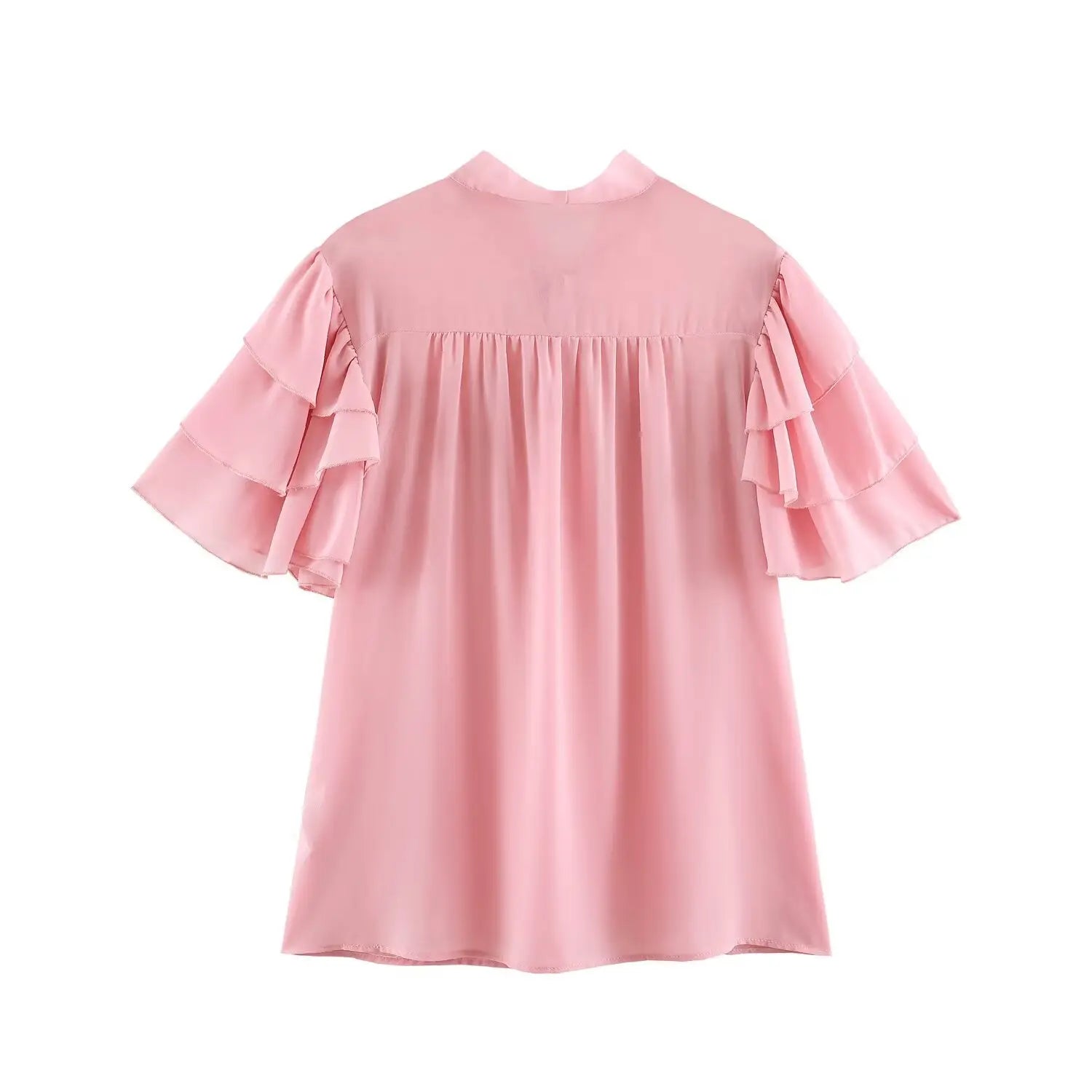 Back flat lay pastel pink chiffon blouse, gathered back yoke, solid lightweight chiffon fabric
