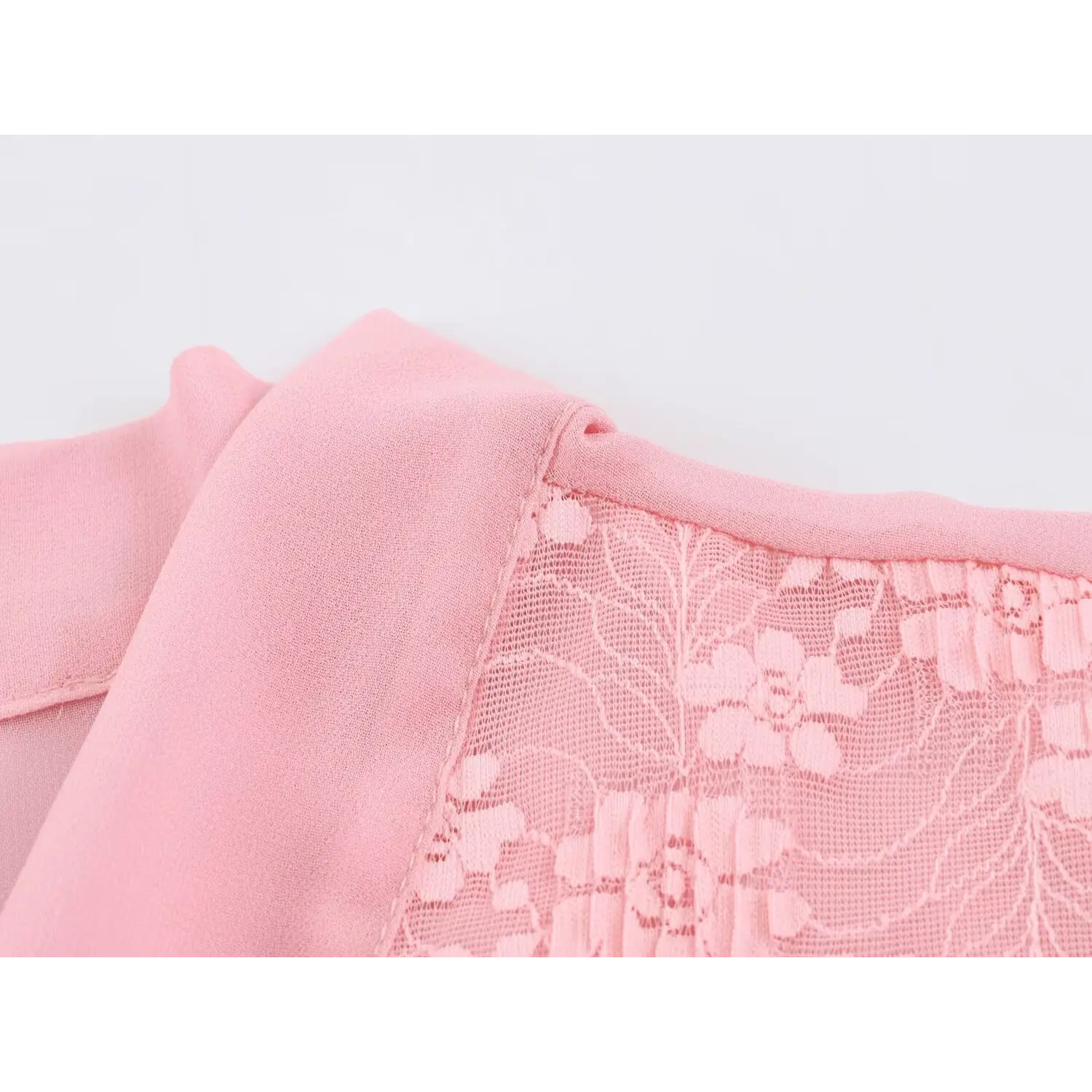 Neckline closeup, folded stand collar stitching, transition seam between lace and solid chiffon