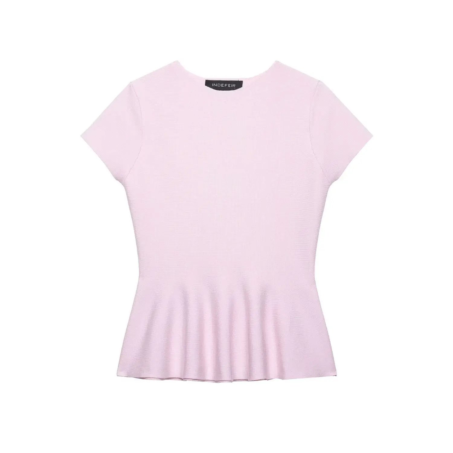 Full front view on white background crewneck peplum short sleeve knit top