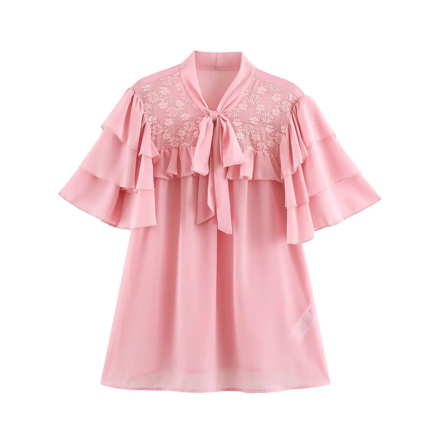 Front flat product shot pastel pink blouse, stand neck self fabric bow tie, floral lace yoke panel, double tier flutter short sleeve, loose babydoll top
