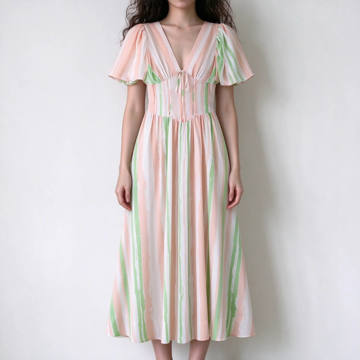 Model in pastel pink green white vertical stripe maxi dress, deep v neck, short flutter puff sleeves, corset fitted waist, flowy full maxi skirt, white backdrop