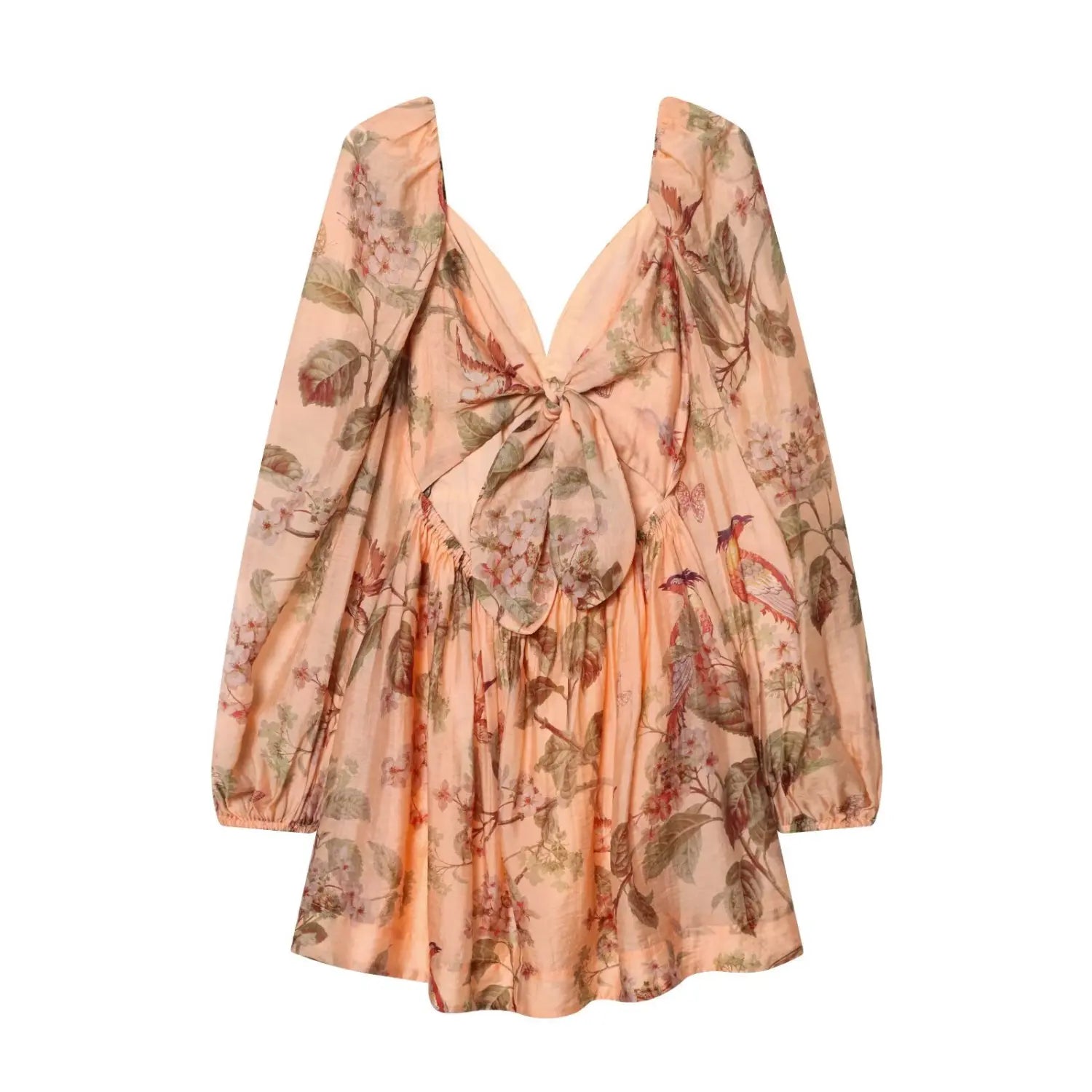 Flat‑lay back view of peach floral bird print mini dress, large back tie bow detail, open v‑back, long puffed sleeves