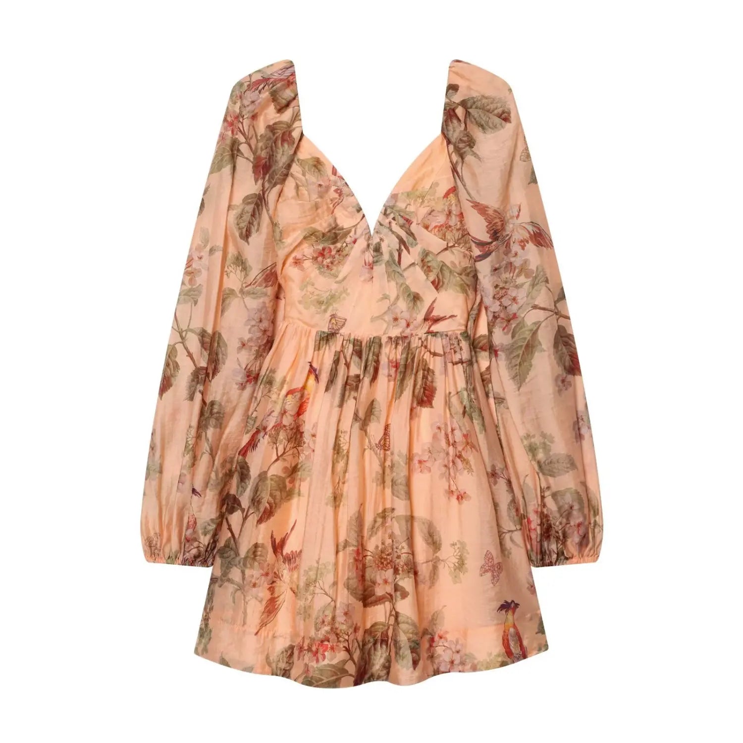 Flat‑lay front view of peach botanical bird print mini dress, deep v neck, long balloon sleeves, gathered babydoll skirt