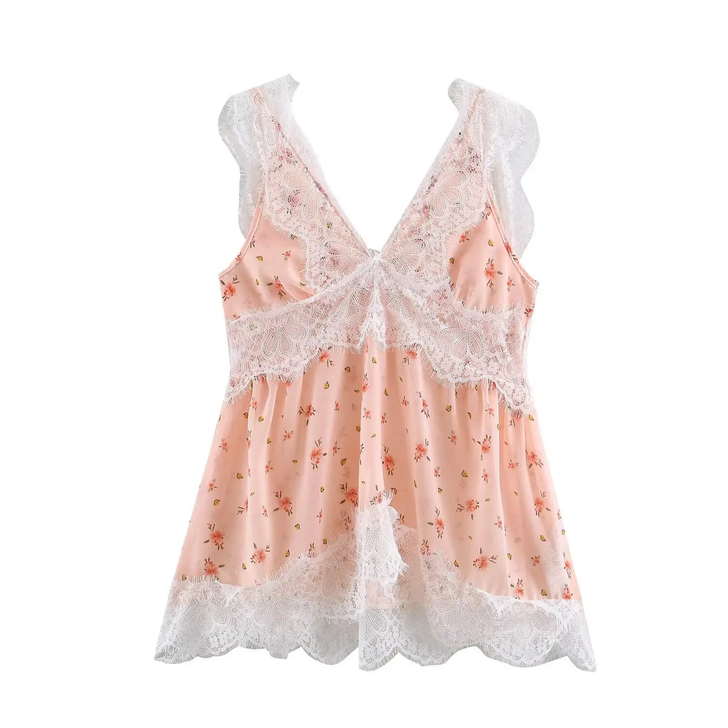Front flat product shot peach cami top, deep v neck white eyelash lace overlay, small ditsy floral print, flutter lace shoulder straps, peplum blouse