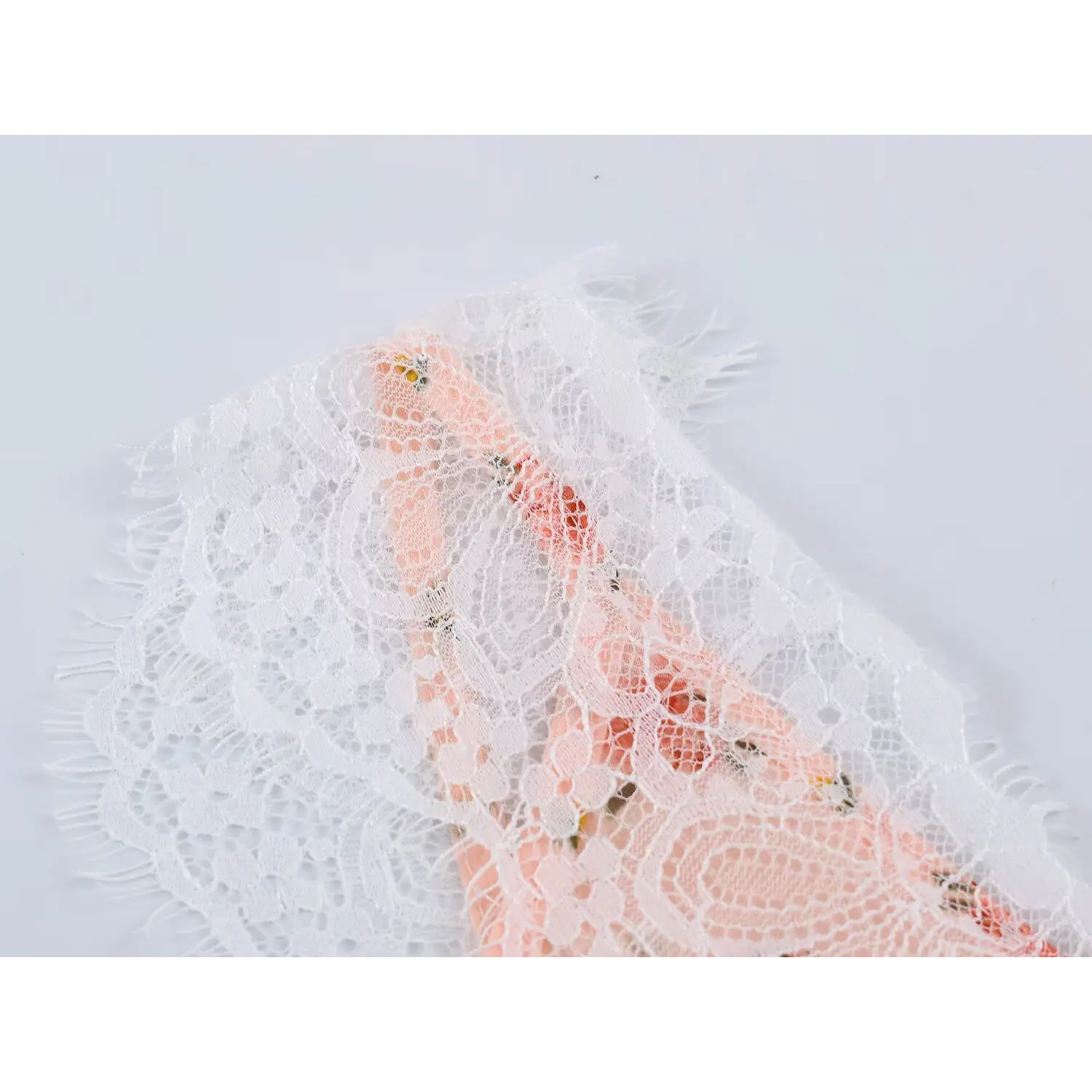 Macro shot frayed eyelash lace trim, delicate scalloped border detail