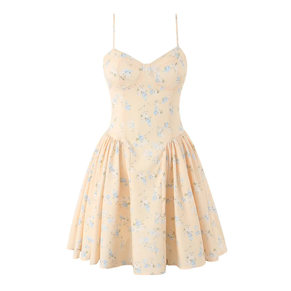 Front view of a peach floral print spaghetti strap dress with a corset-style bodice and gathered skirt.
