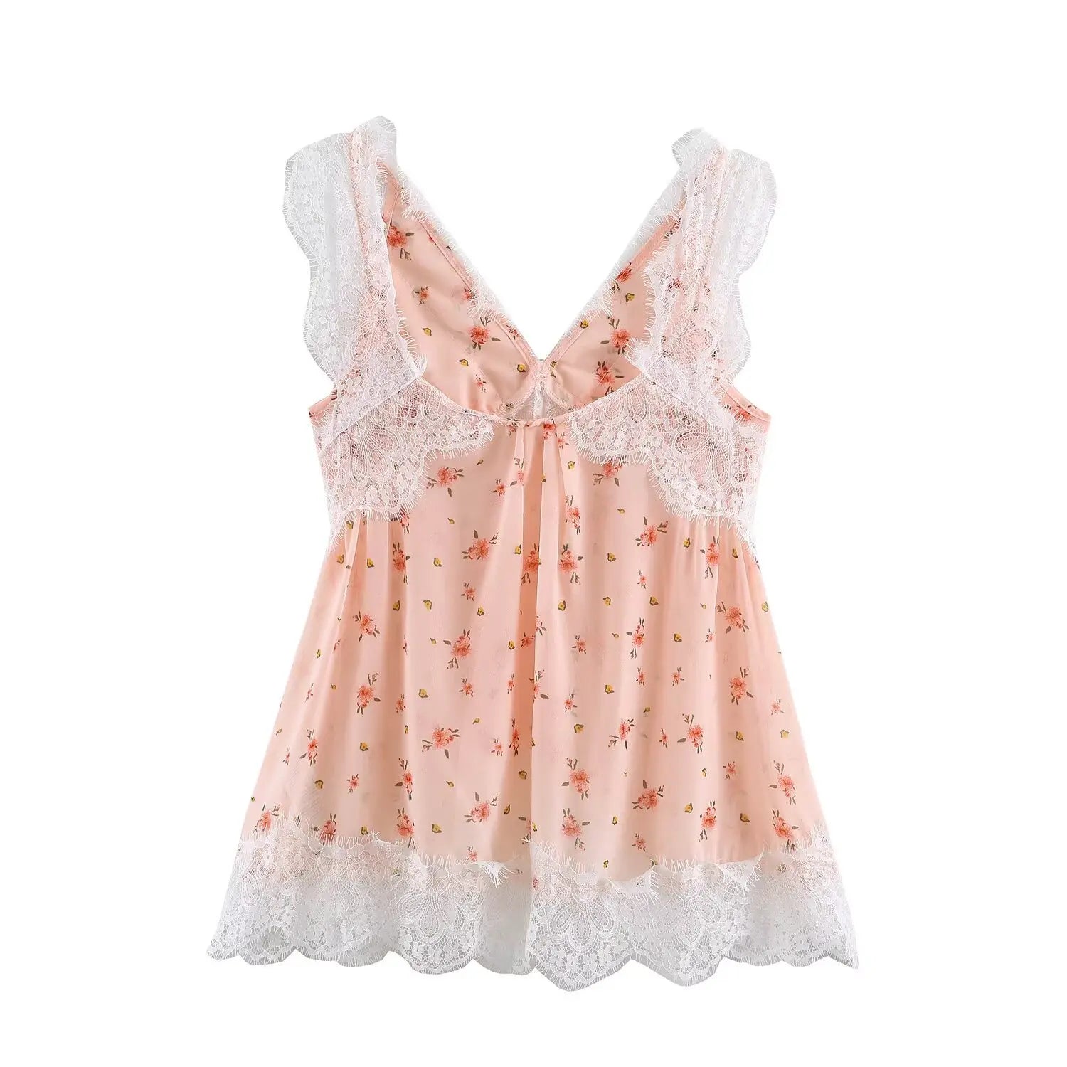 Back flat lay peach sleeveless cami blouse, keyhole back tie closure, allover tiny flower print, scalloped lace hem