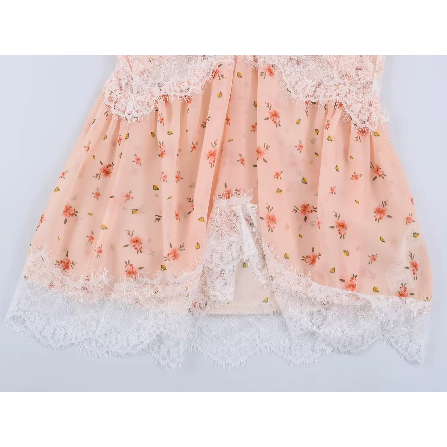 Lower torso full view peplum gathered hem, double layer eyelash lace bottom trim