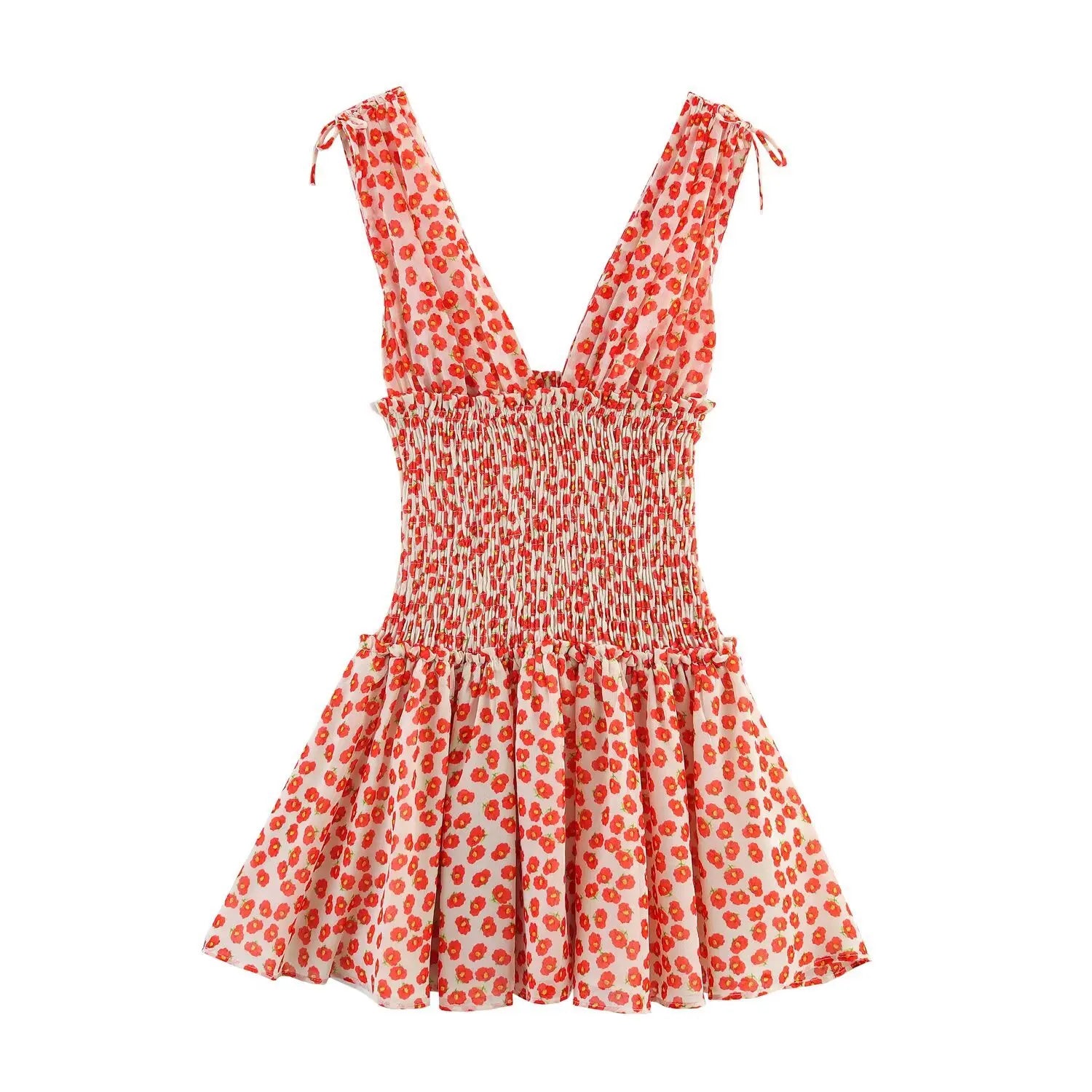  Full back view on white background of the peach floral chiffon mini dress with V-back and tie straps