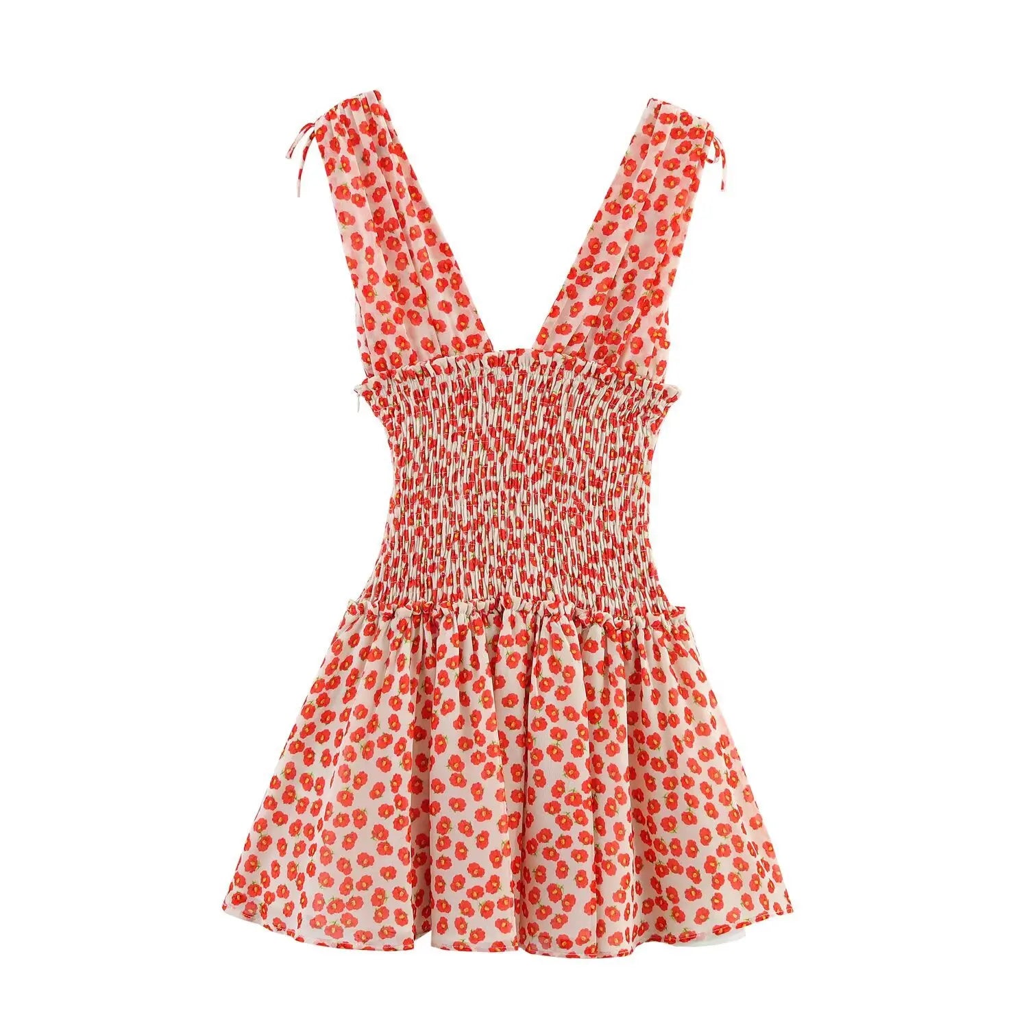 Full front view on white background of the peach floral chiffon mini dress with smocked waist