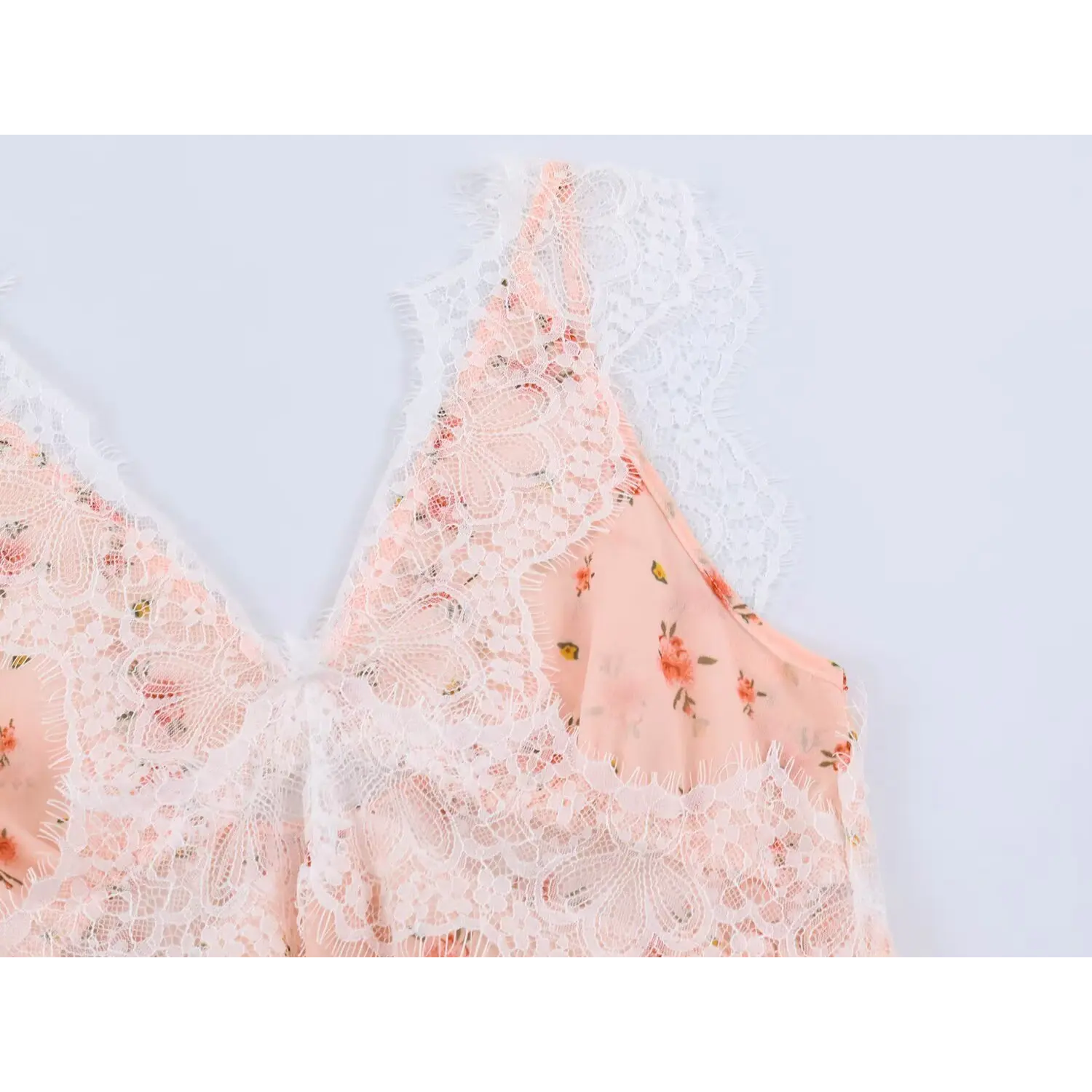 Shoulder closeup, flutter scalloped eyelash lace cami strap, sheer lace overlay texture