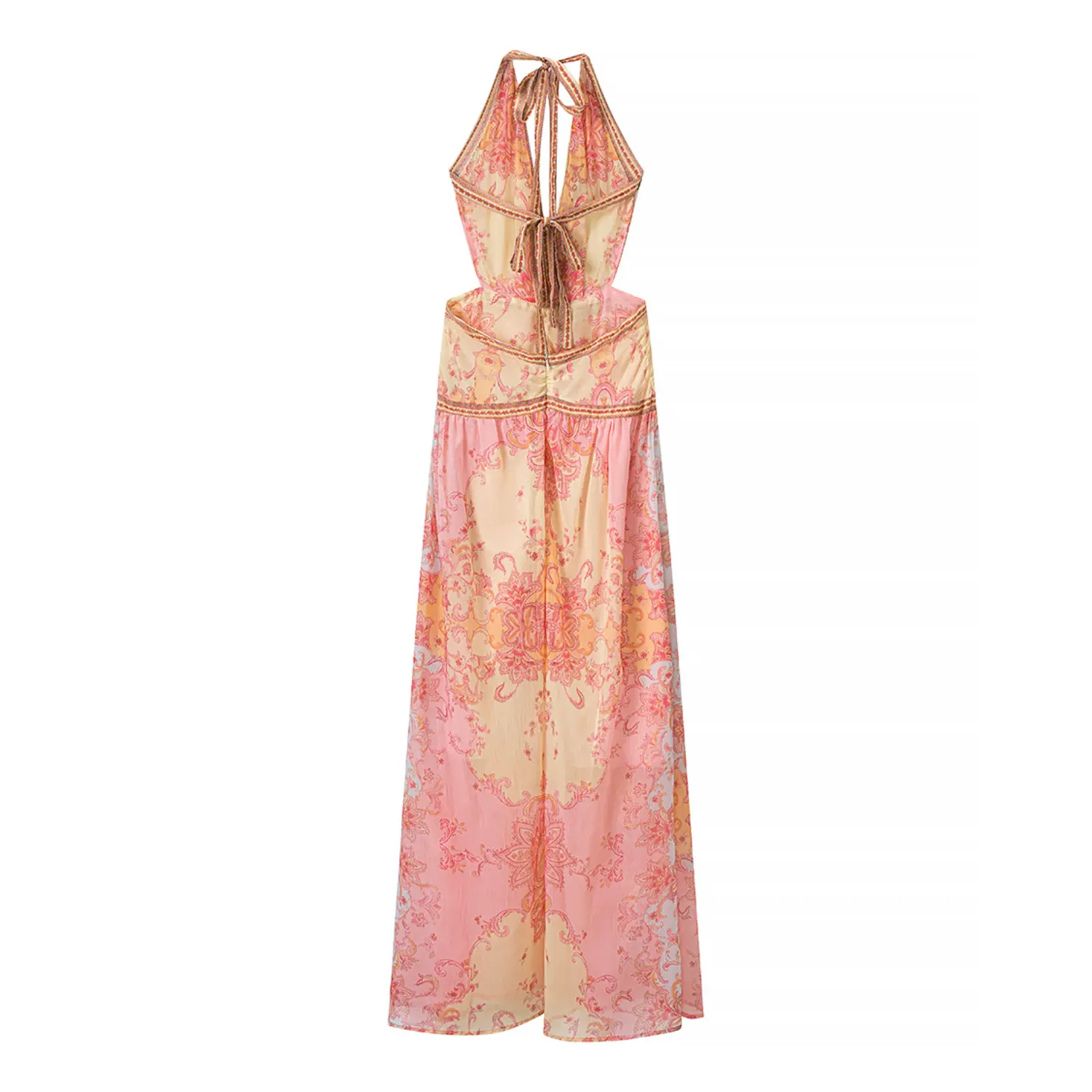 Complete back flat view, back halter tie, midriff back cutout, full length flowy chiffon skirt, all-over vintage paisley print