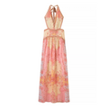 Full front flat lay main shot, deep V halter neck, front waist cutout with self tie, gathered tier maxi skirt, boho paisley print