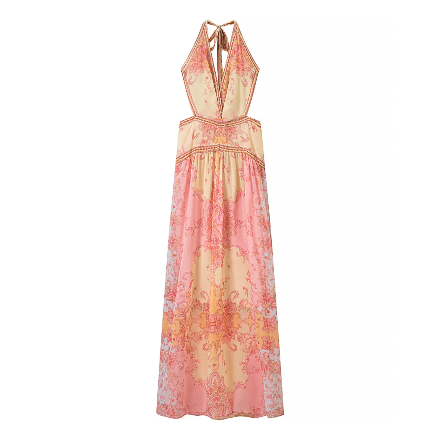 Full front flat lay main shot, deep V halter neck, front waist cutout with self tie, gathered tier maxi skirt, boho paisley print