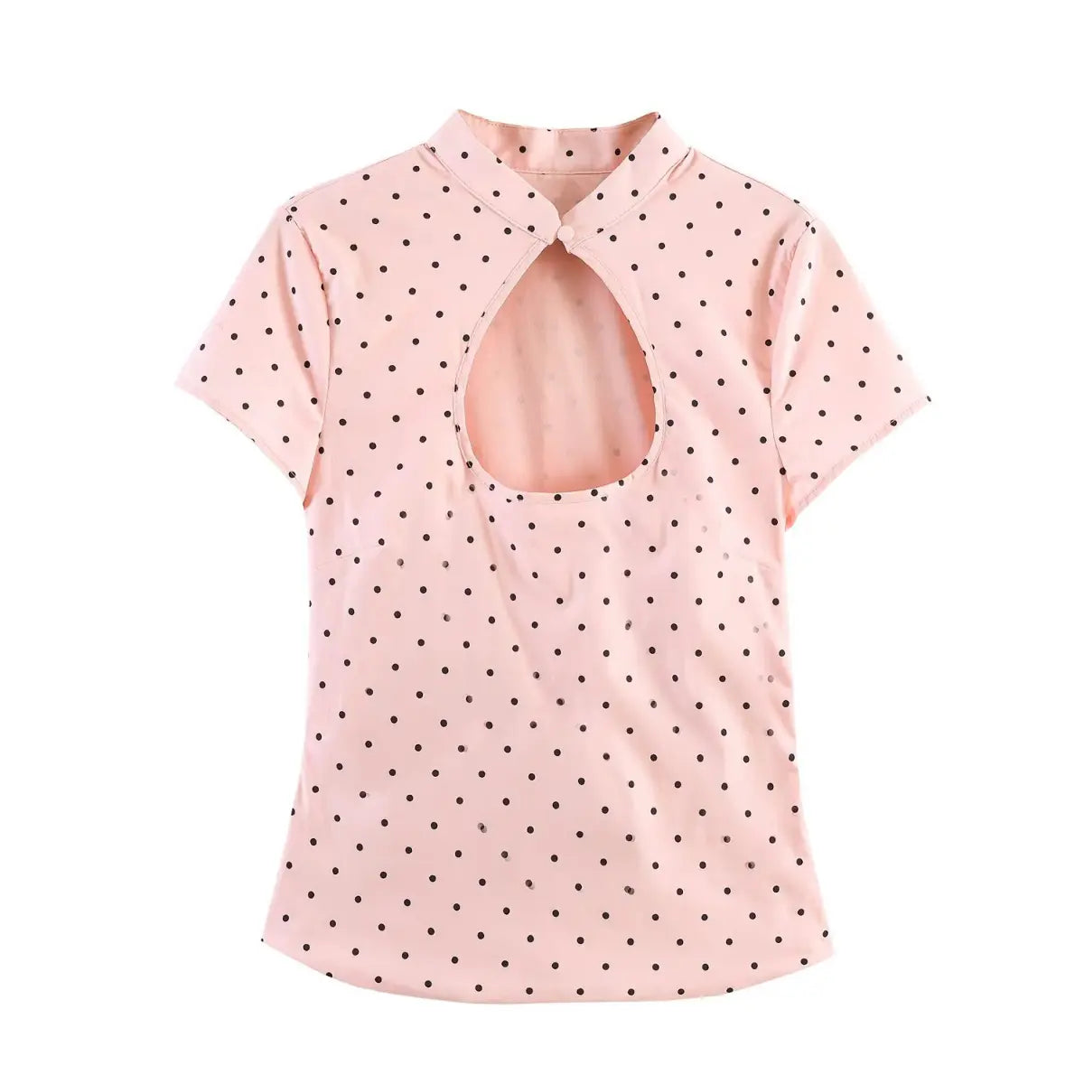 Full front view of the peach polka dot cheongsam-style top, showing the keyhole neckline and short sleeves
