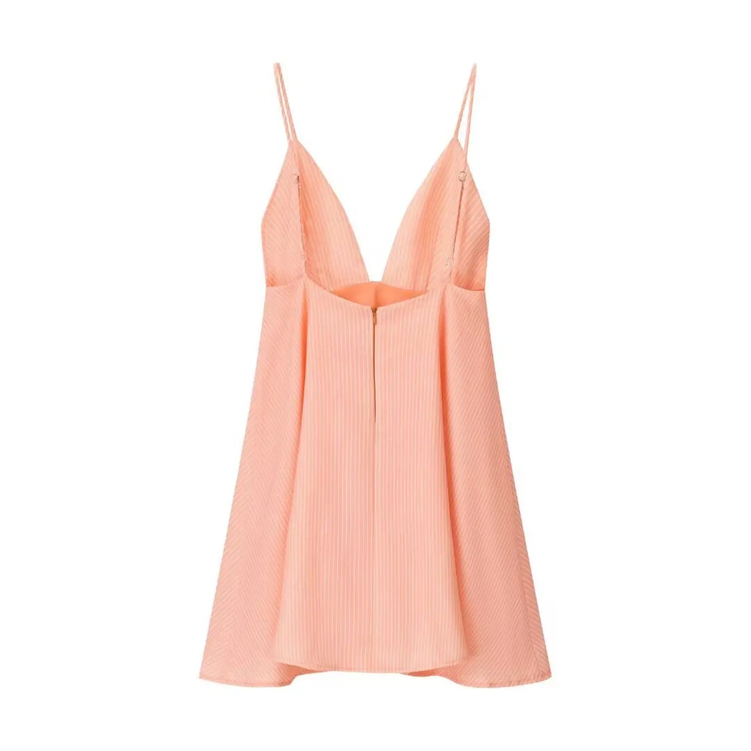 Back view peach striped deep v mini dress with back zipper and adjustable straps