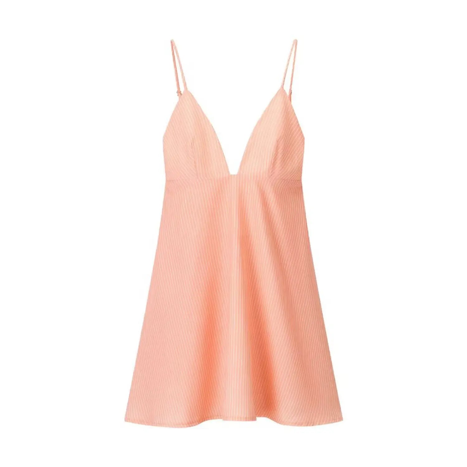 Peach white thin stripe deep v neck spaghetti strap flowy mini dress front view