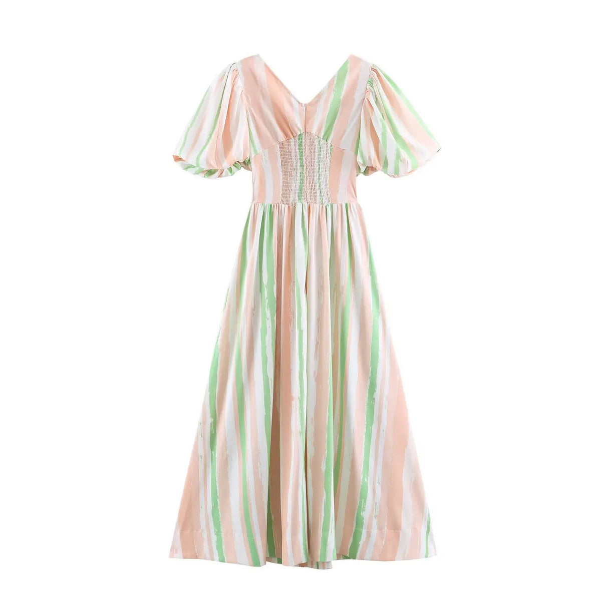 Full product shot of peach green brush stripe v‑neck puff sleeve maxi dress