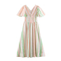Flat lay front view of peach green stripe v‑neck puff sleeve smocked waist maxi dress