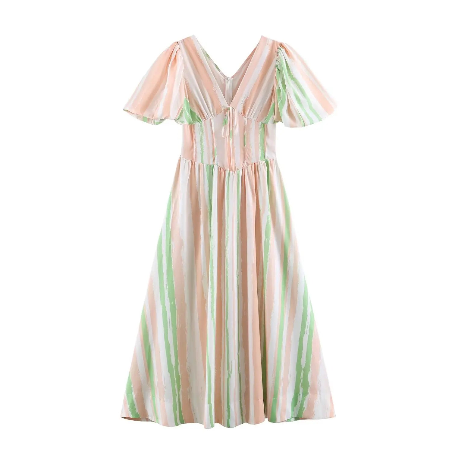 Flat lay front view of peach green stripe v‑neck puff sleeve smocked waist maxi dress