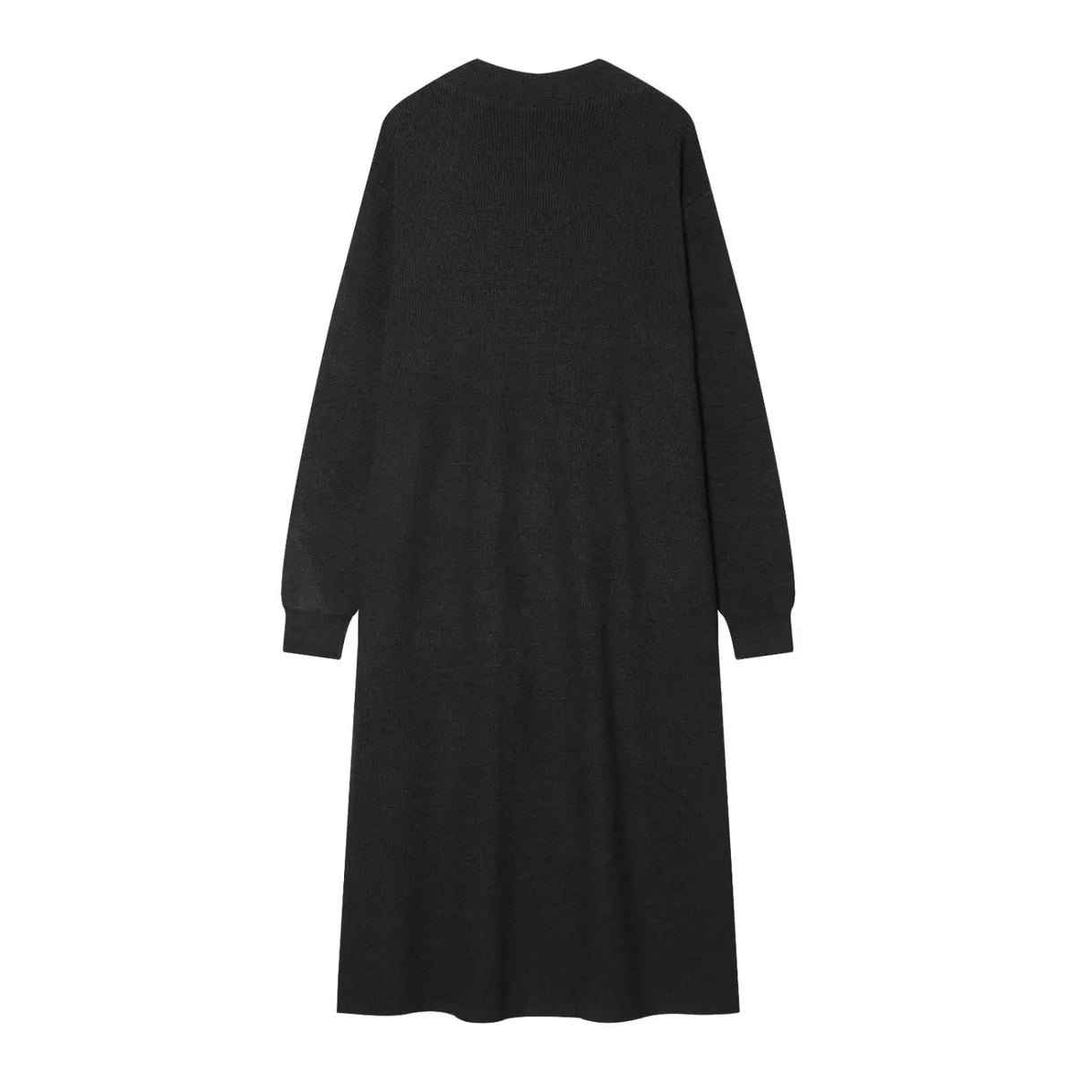 Black pearl beaded longline knit cardigan, back flat lay