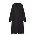 Black pearl beaded longline knit cardigan, front flat lay